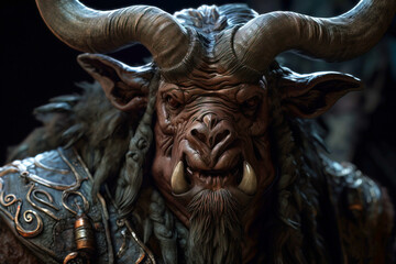 Minotaur mythological bull man with big horns, creature from legends. AI generated.