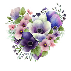 Wedding Heart made of watercolor colorful love purple anemones floral. Valentine's Day card isolated Transparent png background top view. Generative ai