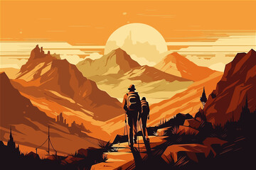 Fototapeta premium Grandfather and grandson on a trip to the mountains in search of adventure. Vector style design. Warm color palette. Generative AI technology.