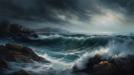 Obraz premium The Ocean's Fury: A Generative AI Glimpse into the Untamed Power of Stormy Waves and Sea.