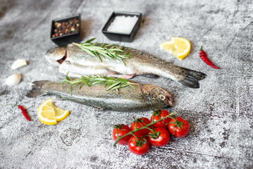 raw trout with spices on stone background
