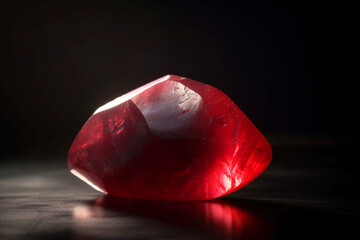 Red beryl is a rare precious natural geological stone on a black background in low key. AI generated.