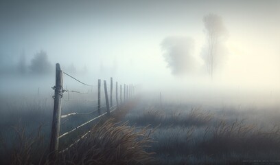 Obraz premium a foggy field with a wooden fence and trees in the background. generative ai