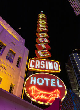 Las Vegas, United States - November 22, 2022: A picture of the neon signs at the Golden Gate Hotel and Casino.