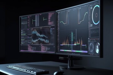  a computer monitor and keyboard sitting on a desk in front of a monitor screen with a graphing pattern on the screen and a keyboard next to it.  generative ai