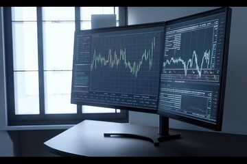 a computer monitor sitting on top of a desk in front of a window with a stock chart on the monitor and a laptop on the desk.  generative ai
