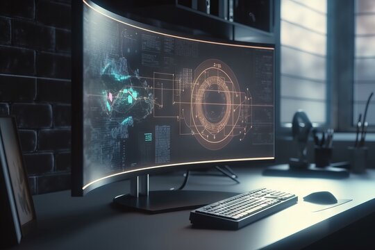  a computer monitor sitting on top of a desk next to a keyboard and a monitor screen with a futuristic image on it's side.  generative ai