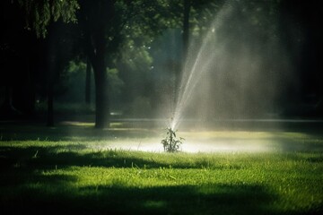  a sprinkler is spraying water on a green lawn in a park area with trees in the background and a light shining on the grass.  generative ai - obrazy, fototapety, plakaty
