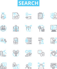 Search vector line icons set. Search, Find, Seek, Retrieve, Explore, Locate, Inquire illustration outline concept symbols and signs