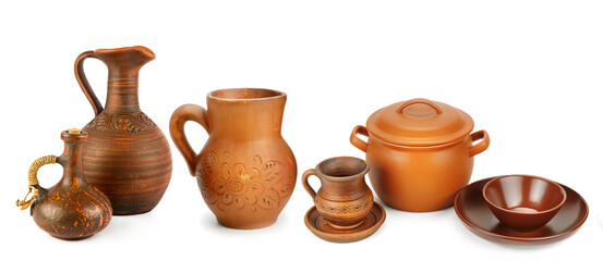 Ceramic amphora and pitcher isolated on white . Free space for text. Collage. Wide photo.
