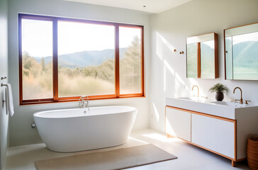 Obraz na płótnie Canvas Modern interior of a bright bathroom with cottage windows and sunlight through them with a view of the nature of the mountains. Generative AI.