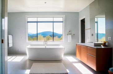 Fototapeta na wymiar Modern interior of a bright bathroom with cottage windows and sunlight through them with a view of the nature of the mountains. Generative AI.