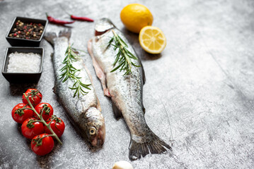 raw trout with spices on stone background with copy space for your text