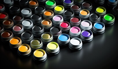  many different colors of paint are arranged in a row on a black surface.  generative ai
