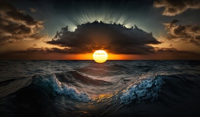  the sun is setting over the ocean with a large cloud in the sky.  generative ai