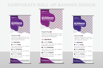 Obraz premium Modern roll up banner template for the exhibition, Corporate Business stand, editable roll up banner vector template, Vertical roll up, x-stand, exhibition display, Retractable banner stand set