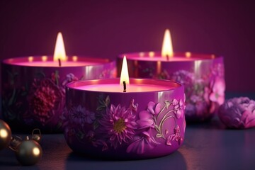 Obraz na płótnie Canvas a close up of a group of candles with flowers on it and ornaments around it on a table with a purple background and a purple background. generative ai