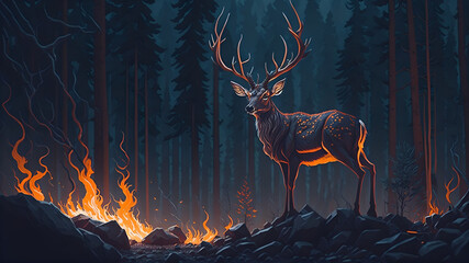 illustration painting of the deer with its fire horns standing on rocks in forest fire, digital art style. (Generative AI)