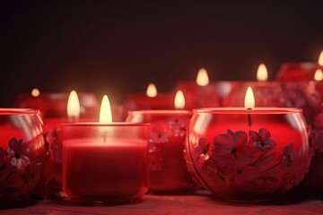  a group of red candles sitting next to each other on top of a table covered in red glass vases with flowers painted on them.  generative ai