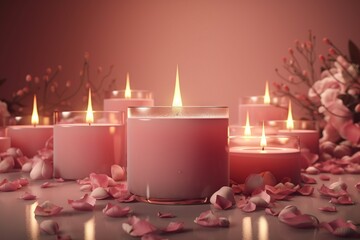  a group of candles with petals on the ground and a bunch of pink flowers on the ground in the middle of the photo, with a pink background.  generative ai
