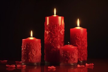  a group of red candles sitting next to each other on top of a table with petals on the table and a black background behind them.  generative ai