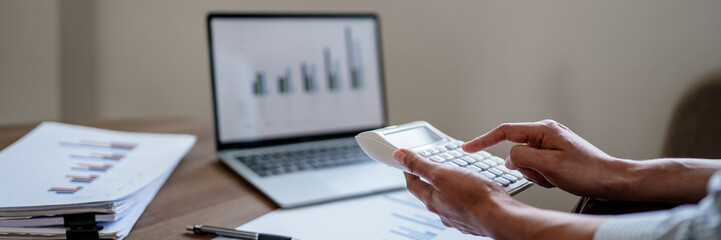 Image of woman calculate tax invoice at home, summarizing taxes, money planing..