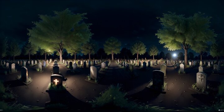 Photo of a cemetery at night with illuminated graves and tombstones