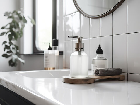 Bottle of hand soap in a white modern bathroom. generative AI