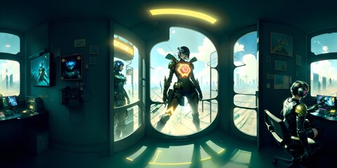 Photo of people standing in front of a large window with a view of a cityscape