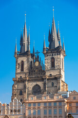 Fototapeta na wymiar Cityscape of Prague with medieval towers and colorful buildings, Czech Republic