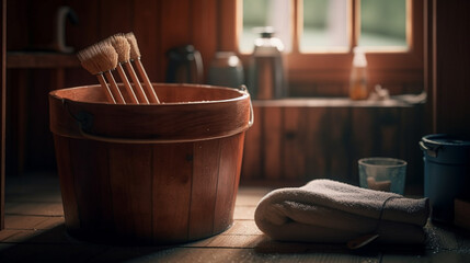 Fototapeta na wymiar Wooden sauna bucket with wooden spoons, towel and ladle.generative ai