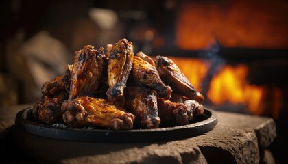 Chicken Wings on Stone, Blurred Background, Rustic Pub. Generative AI