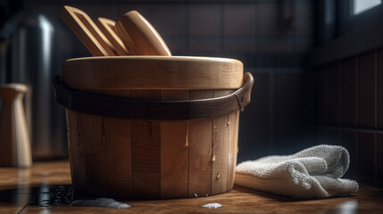 Wooden sauna bucket with wooden spoons, towel and ladle.generative ai
