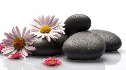 Obraz na płótnie Canvas zen basalt stones and daisy on white background with water drops.generative ai