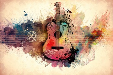 An illustration of a guitar with colorful pastel music notes floating around it. Generated by AI. - obrazy, fototapety, plakaty