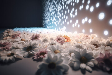 Scenery background. Paper flowers on the floor and light reflections on the wall. AI generative.