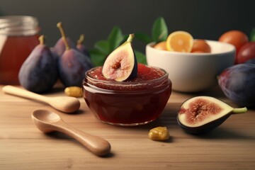  a jar of jam surrounded by figs, oranges, and other fruit on a wooden table with a spoon and bowl of fruit in the background.  generative ai
