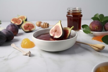  figs and honey sit on a marble counter top with a bowl of fruit and honey in the foreground, and a jar of honey in the background.  generative ai