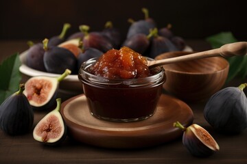  figs and a jar of jam on a plate with a wooden spoon and a bowl of figs in front of them on a table.  generative ai