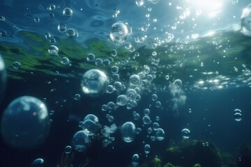 Obraz na płótnie Canvas a bunch of bubbles floating in the air over a green sea bottom with a sun shining in the distance behind them and a blue sky. generative ai