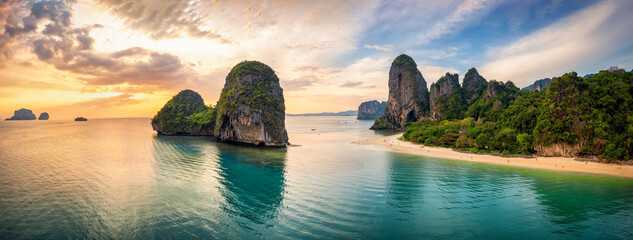 Panoramic aerial view of the beautiful Phra Nang Cave beach at the Krabi district, Thailand, during sunset time