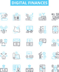 Digital finances vector line icons set. Digital, finances, banking, payments, online, accounts, debit illustration outline concept symbols and signs