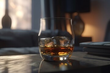  a glass of whiskey on a table with a remote control in front of a window with a view of a living room and a couch.  generative ai