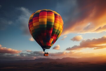  a colorful hot air balloon flying in the sky at sunset or dawn with clouds in the background and a person in the foreground looking at the balloon.  generative ai