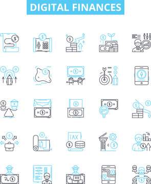 Digital finances vector line icons set. Digital, finances, banking, payments, online, accounts, debit illustration outline concept symbols and signs