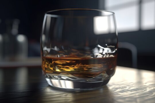  a glass of whiskey sitting on a table with a bottle in the background of it and a window in the background behind it.  generative ai