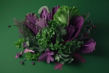  a bunch of green and purple flowers on a green background with a green background and a green background with a purple flower and green leaves.  generative ai