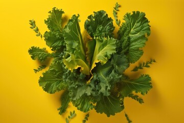  a bunch of green leafy vegetables on a yellow background, top view, from above, with a place for text or a place for text.  generative ai