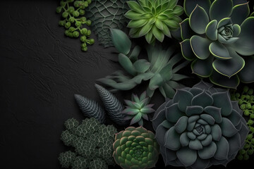 Background. Succulents on a black background. AI generative.