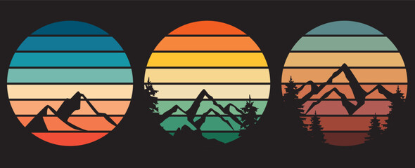 70s style striped sunsets retro background set collection. Abstract sunrise logos with mountain landscape. Vector illustration © Olga Dykun